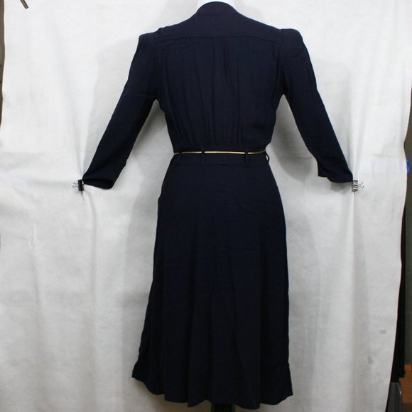 Vintage 40's Navy Blue Crepe Dress w/Embroider Pocket & Gold Cord Belt SZ XS EUC - Picture 5 of 7